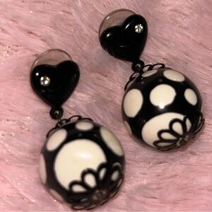 Betsey Johnson earrings black white polka dot pinup heart crystal rhinestone